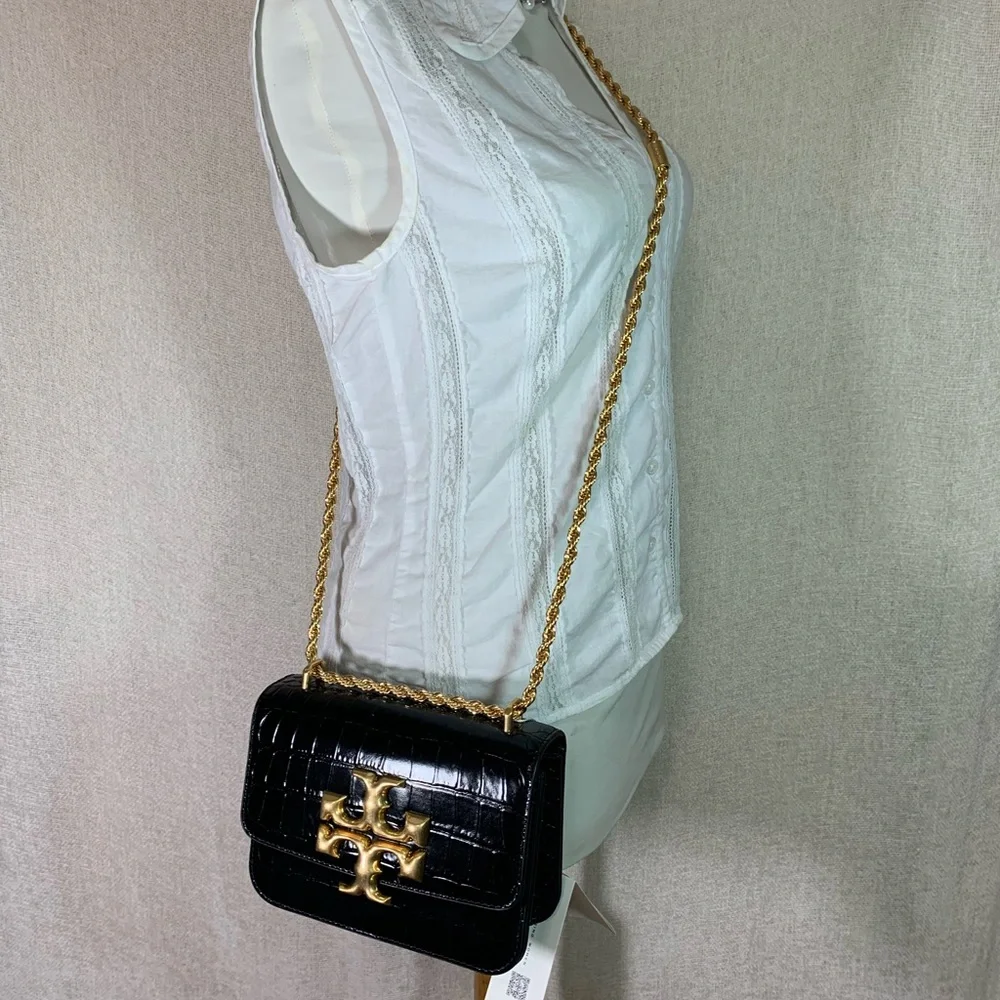 Tory Burch Black Croc-Embossed Mini Shoulder Bag with Gold Logo